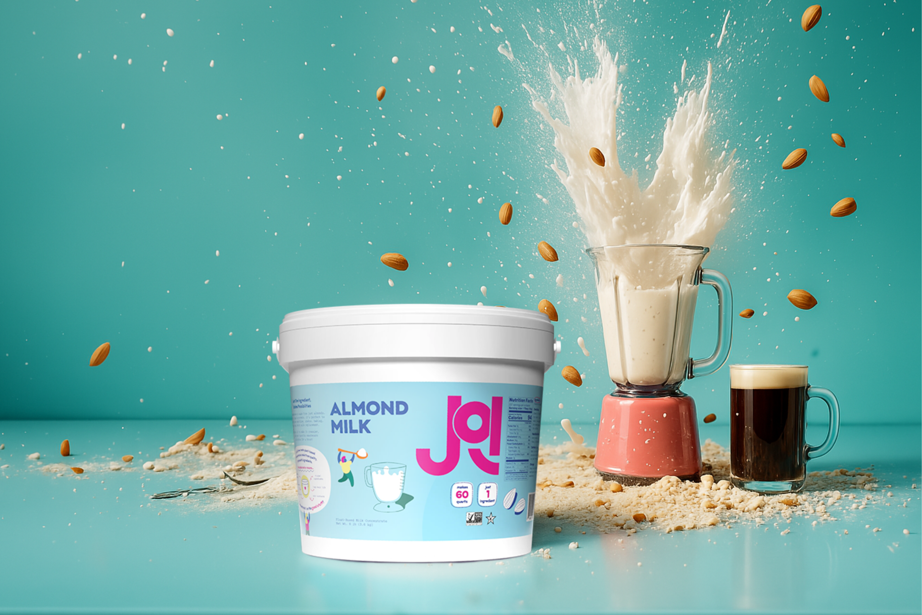Almond Milk Pail in front of a blender exploding with milk out of the top, next to a cup of coffee