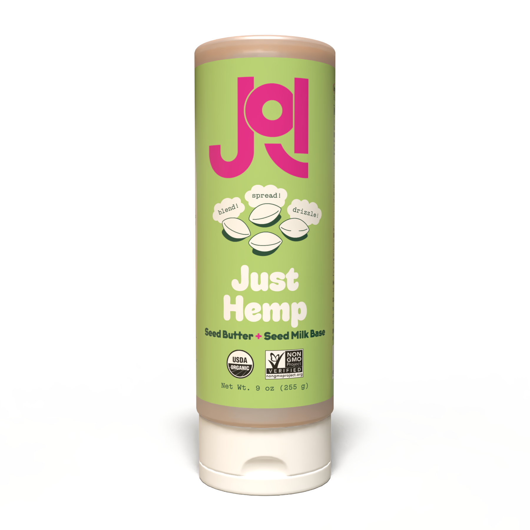 A squeeze tube of Just Hemp Seed Butter on a white background. The tube has a light green label with a pink 'Joi' logo and white text reading 'Just Hemp' and 'Seed Butter + Seed Milk Base'.