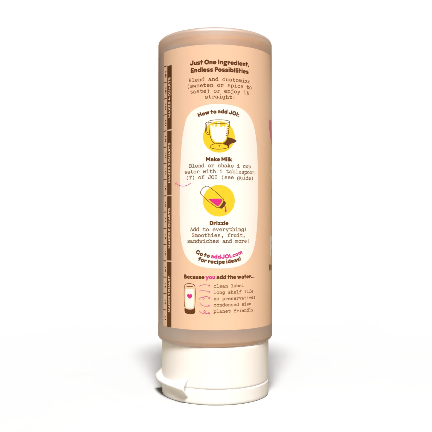 A single squeeze bottle of Endless Possibilities plant-based milk against a plain white background. The bottle is light brown with a white cap and features a detailed instructional label showing how to add water and mix the drink.