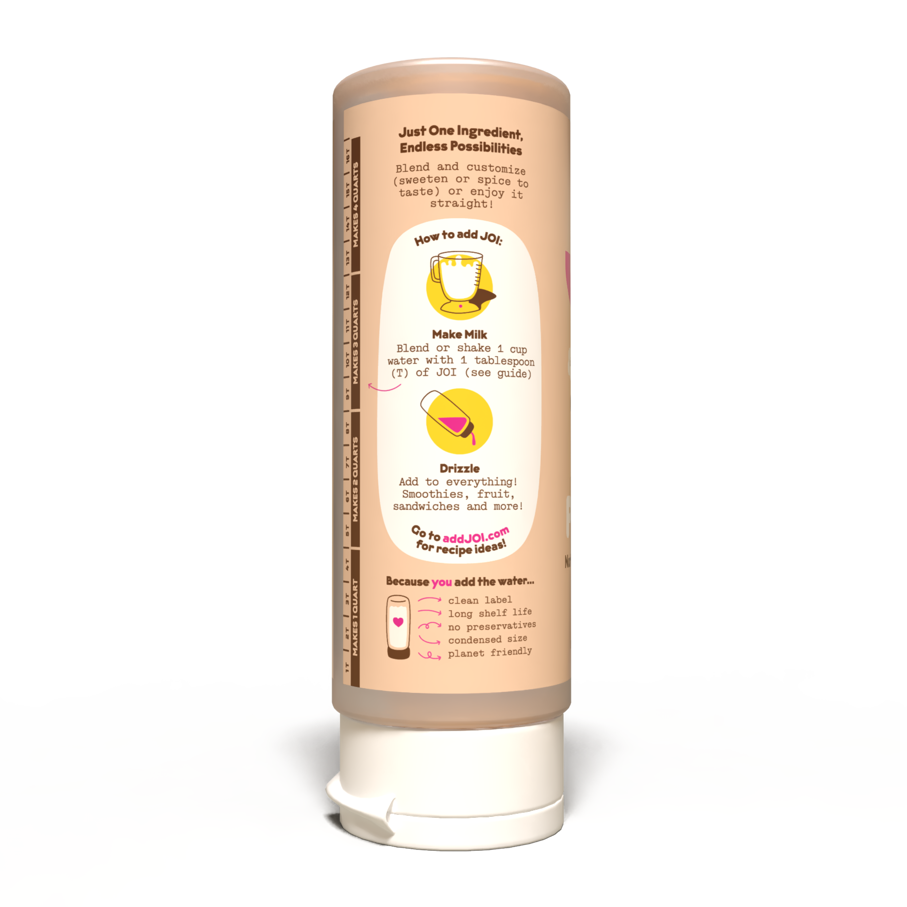 A single squeeze bottle of Endless Possibilities plant-based milk against a plain white background. The bottle is light brown with a white cap and features a detailed instructional label showing how to add water and mix the drink.