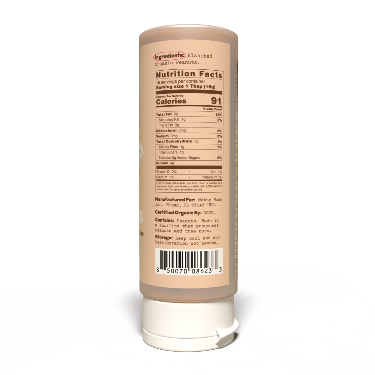 Back view of a single squeeze bottle of Nutri-Scramble blended organic peanuts, showing the nutrition facts label and barcode on a white background.