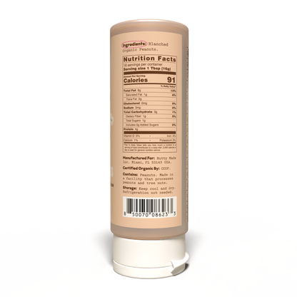 Back view of a single squeeze bottle of Nutri-Scramble blended organic peanuts, showing the nutrition facts label and barcode on a white background.
