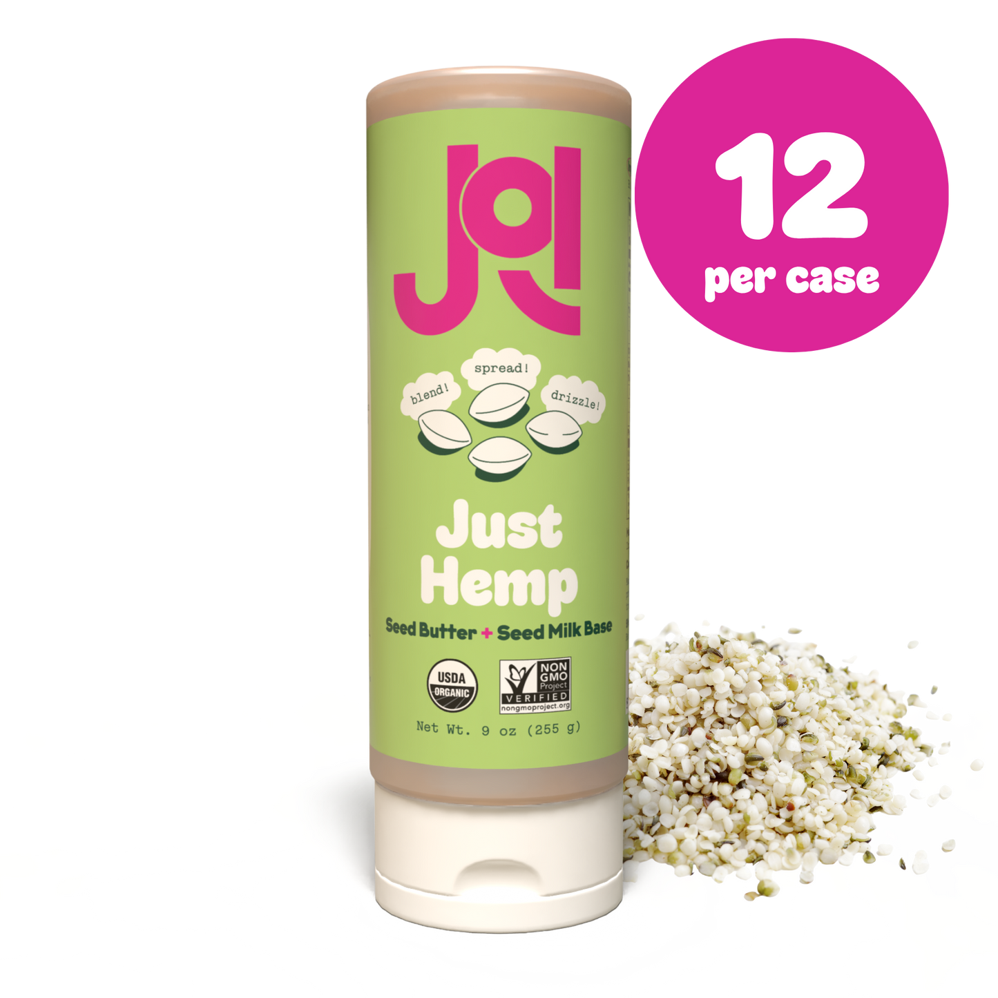 A squeeze tube of Just Hemp seed butter on a white background with a pink circular badge reading '12 per case' and a small pile of hemp seeds beside it.