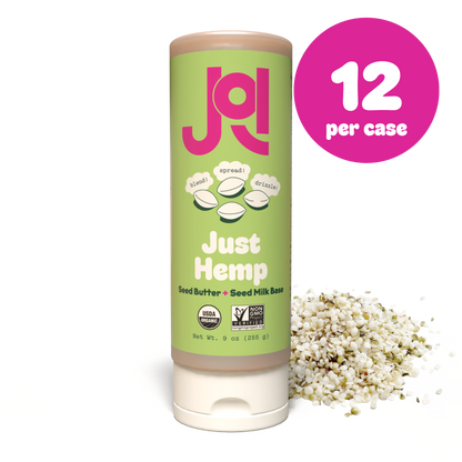 A squeeze tube of Just Hemp seed butter on a white background with a pink circular badge reading '12 per case' and a small pile of hemp seeds beside it.