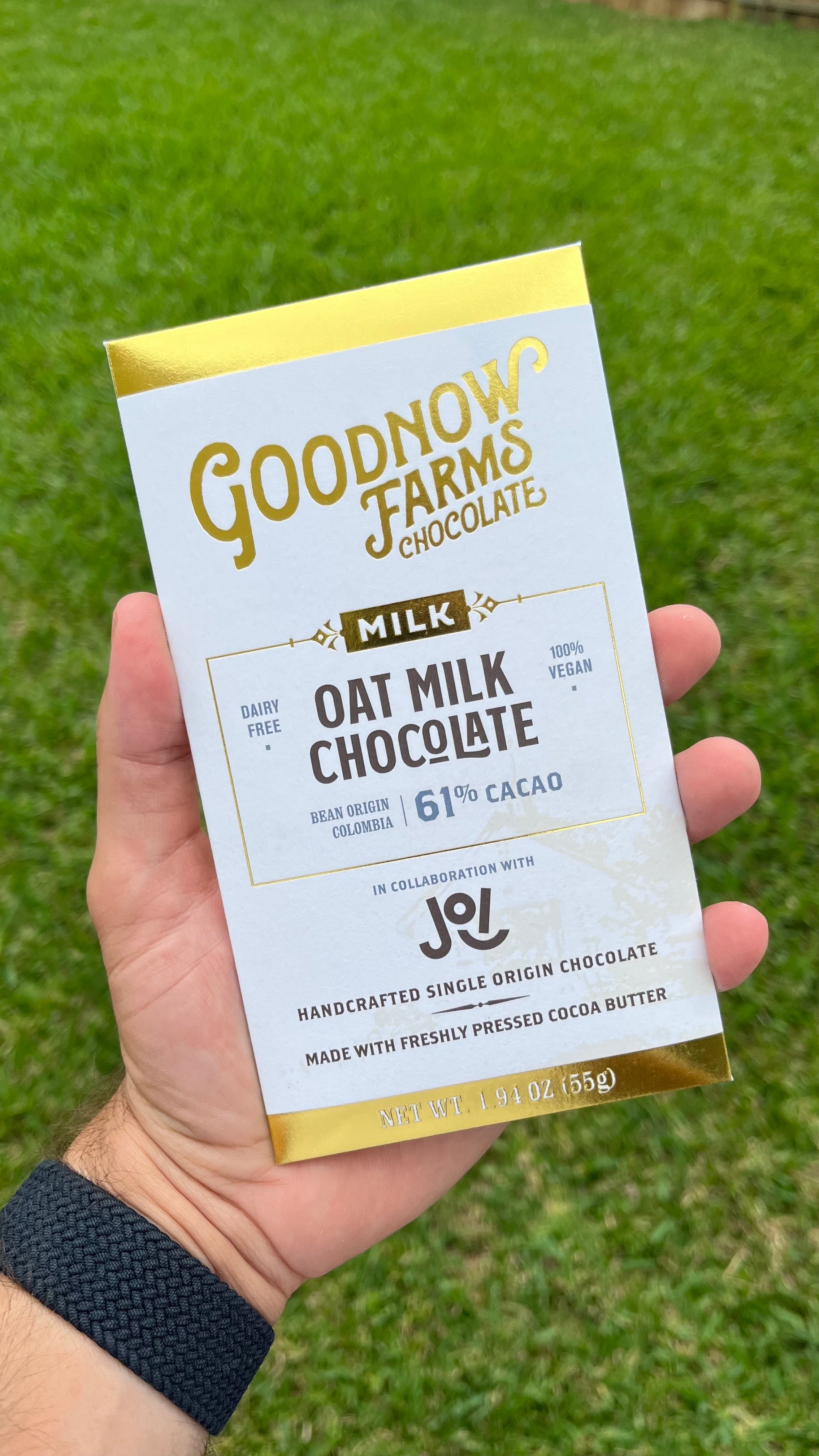 A chocolate bar made with JOI Oat Milk powder. 